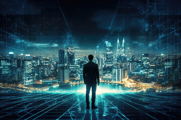 Obraz premium A man is standing in front of a city skyline at night, illuminated by city lights and skyscrapers, showcasing urban life