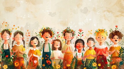 A group of diverse children wearing traditional clothes from different cultures, standing together in a field of flowers, singing and smiling happily.
