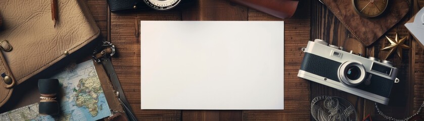 An overhead shot of a vintage camera, a leather journal, a map, and other travel items on a wooden table.