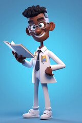 A black man wearing a lab coat is holding a clipboard in a laboratory setting