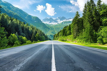 Empty Asphalt Road and Green Forest With Mountains Nature Landscape