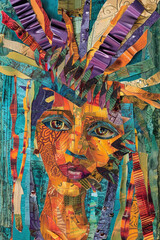 A painting featuring a woman with feathers adorning her head, capturing a blend of traditional and contemporary elements