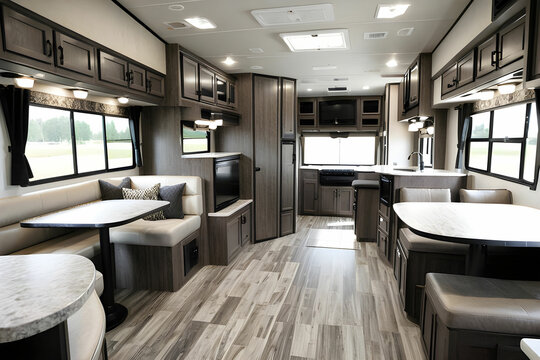 Modern, clean design of a fifth wheel travel trailer shows the dining area with storage and a huge picture window.