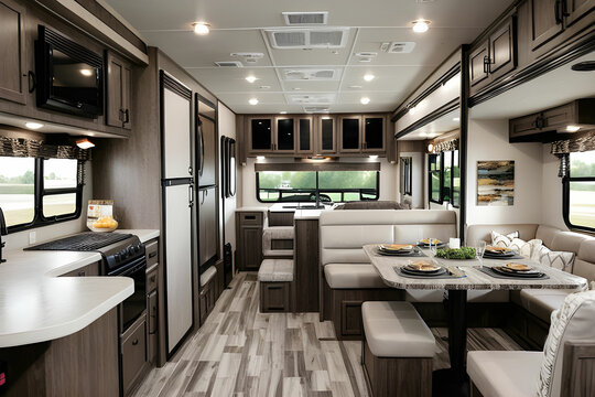 Modern, clean design of a fifth wheel travel trailer shows the dining area with storage and a huge picture window.