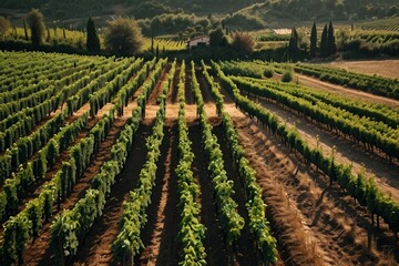 Rows of grapevines stretch across a sun-drenched vineyard. Generative AI