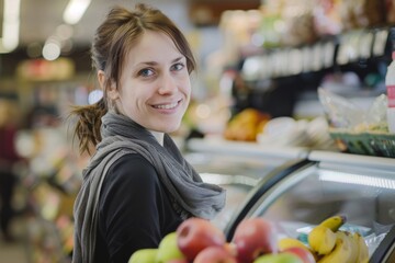 Fototapeta premium Smiling saleswoman attending customer in supermarket