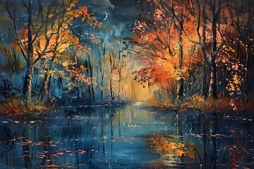 Night scene of autumn forest, landscape painting .