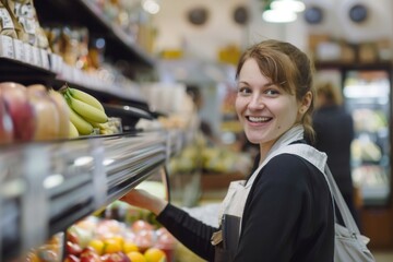Smiling saleswoman attending customer in supermarket