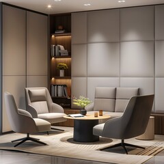 A modern office lounge with comfortable chairs and a coffee table.