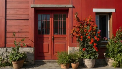Fototapeta na wymiar Red painted facade of the house and wooden door with flowers