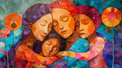 A group of diverse women of different ethnicities embracing each other with closed eyes in front of a colorful floral background.