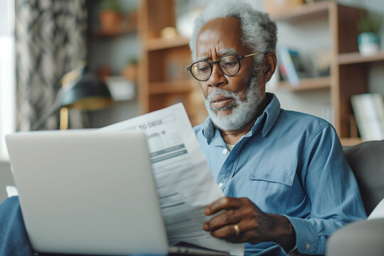 Senior African American man reviewing documents with laptop at home.
