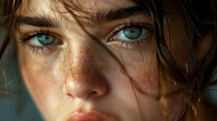 A close-up portrait of a young woman with freckles, blue eyes, and wet hair.