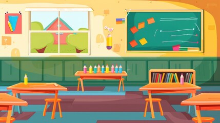 An illustration of an elementary school classroom, with a chalkboard, some empty desks and chairs, and a window