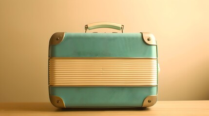 Vintage teal suitcase stands against a creamy beige background. Minimalist travel concept. Retro luggage design perfect for adventure stories. Classic and simple suitcase. AI