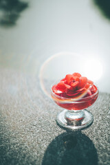 光に包まれるガラスの器に浮かぶ赤い椿の花