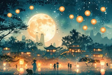 A painting of a moonlit night with lanterns hanging from trees