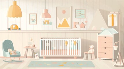 A soft, inviting nursery with a crib, rocking chair, and plenty of toys. The walls are painted a warm, neutral color and the furniture is all white. The crib is covered in a pink and white polka dot b