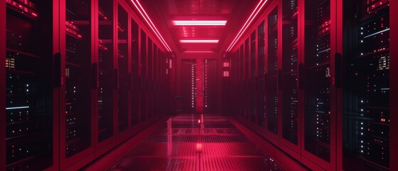 A modern data technology center server rack in a dark facility. Concept of Internet of Things, Big Data Protection, Storage, Cryptocurrency Farm, Cloud Computing. Computer rendered 3D image.