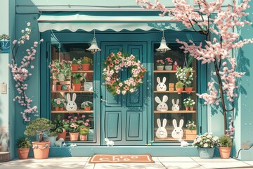 A blue shop front with a wreath of flowers and a sign that says "Cheo"