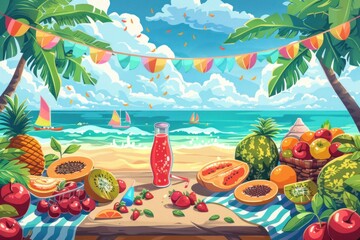 A beach scene with a table full of fruit and a drink