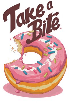 Delicious donut with a piece missing on a poster with a message for National Donut Day