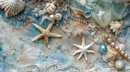 Elegant seashell and starfish arrangement with pearls.