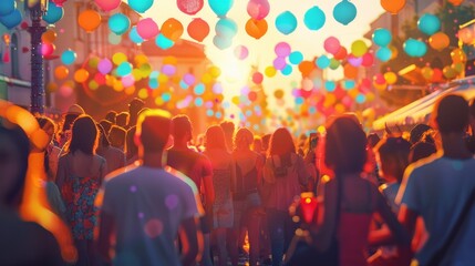 A crowd of people are walking down a street that is decorated with colorful balloons.