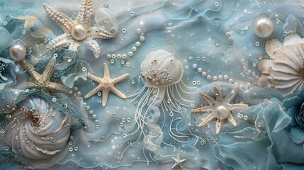Jellyfish in fantasy style. Sea animal with starfish, pearls and blue ocean. Vintage paper craft.