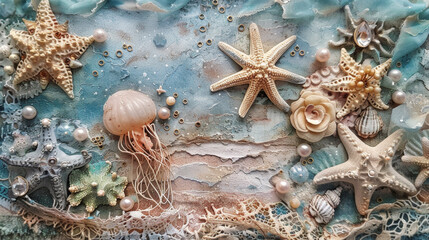 Jellyfish in scrapbooking style. Sea animal with starfish, pearls and blue ocean. Vintage paper craft.
