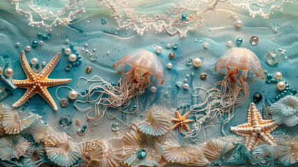 Jellyfish in scrapbooking style. Sea animal with starfish, pearls and blue background. Vintage paper craft.