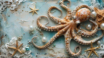 Octopus in scrapbooking style. Sea animal with starfish, lace and pearls. Vintage paper craft.