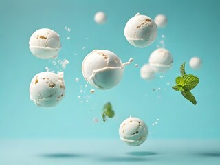 ice cream spheres with mint leaves levitating 