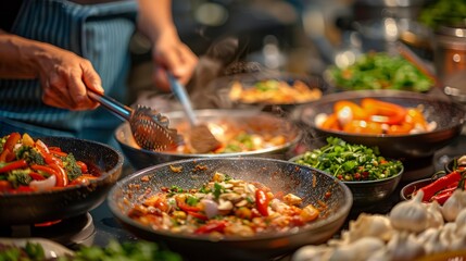 A chef is cooking a variety of dishes in a commercial kitchen.