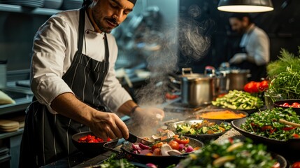 A chef is cooking in a commercial kitchen.