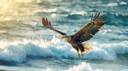 Eagle flying on the sea - obrazy, fototapety, plakaty