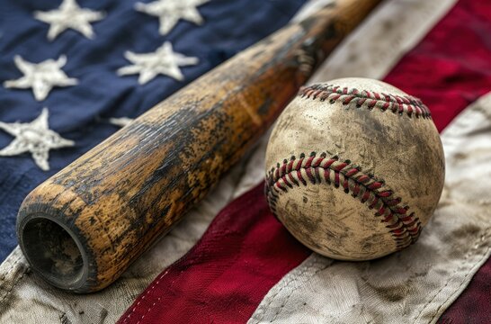 A baseball and a bat over the American flag, sport concept, 4th of July, American independence.