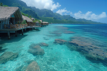 Pier with thatched wooden bungalows in azure waters of Bora Bora AI Generative