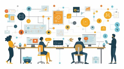 A group of people are working together on a project. They are using computers and other technology to collaborate.