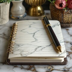 Black and gold pen on an open spiral notebook with a marble background.