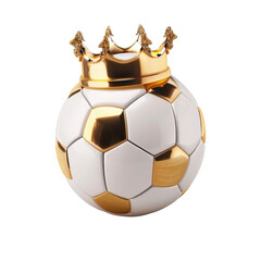 Royal soccer ball, classic black and white ball with golden crown icon 3D render isolated on white, transparent background PNG
