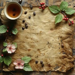 A cup of tea on a table with some coffee beans and flowers.