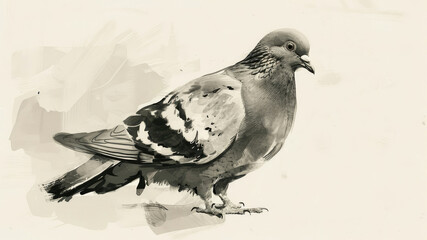 Pigeon on the background of a watercolor. Black and white.