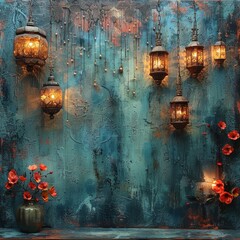A blue textured background with hanging Morrocan lanterns and red flowers.