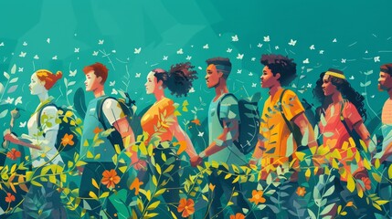 A group of diverse people walking through a lush green field, holding hands and surrounded by flowers and butterflies.