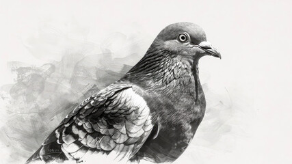 Pigeon on a background of watercolor. Black and white