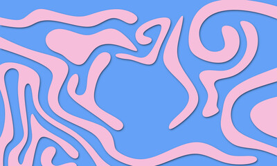 Fototapeta na wymiar Long wavy curved lines and patterns of pink color on a blue background.