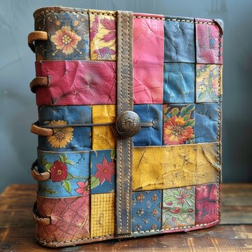 A colorful patchwork leather book cover with floral patterns and a button closure.