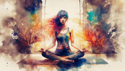 A watercolor illustration of a young woman meditating, with vibrant splashes of color representing energy and tranquility