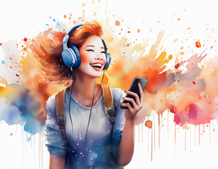A vibrant watercolor illustration of a girl, wearing headphones and holding a phone. It exudes creativity and modern art